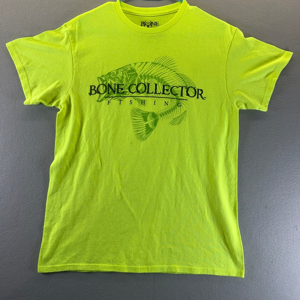 Bone Collector Fishing Shirt Mens Medium Neon Yellow Green Skeleton Fish Graphic